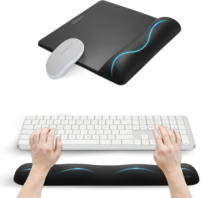 UnivoColors Wide Size Mouse Pad with Wrist Rest & L-Size Keyboard Wrist Rest Set,Premium PU Material,Low-Rebound Cushion,Ergonomic Design,Smooth Mouse Control with Hard Plate,Reduces Fatigue,Black