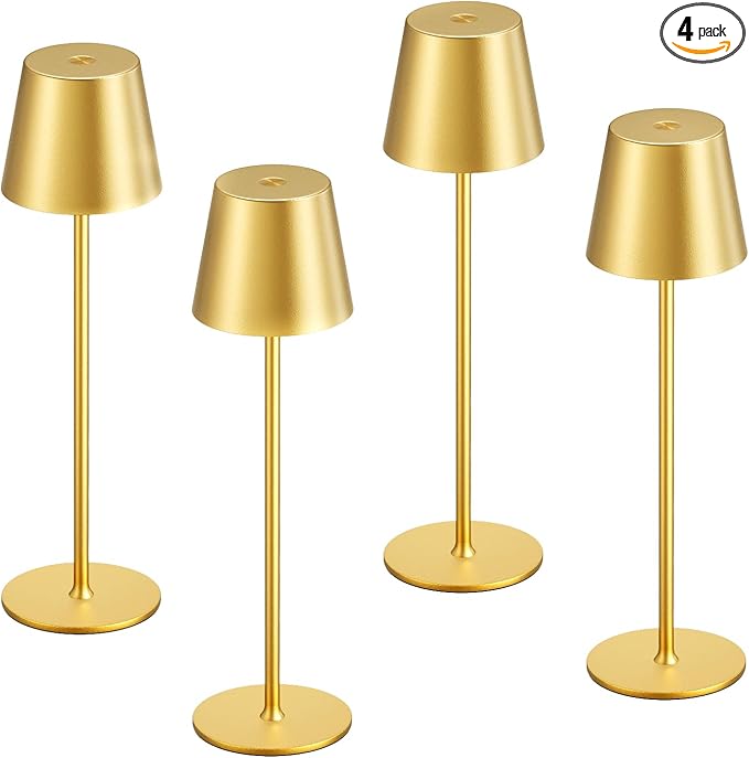 Kakanuo Cordless Table Lamp Rechargeable Gold - KK 4 Pack Battery Operated Lamp for Dining Table, 3 Color Stepless Dimming Waterproof LED Wireless Lamp for Counter, Outdoor Patio, Touch Control
