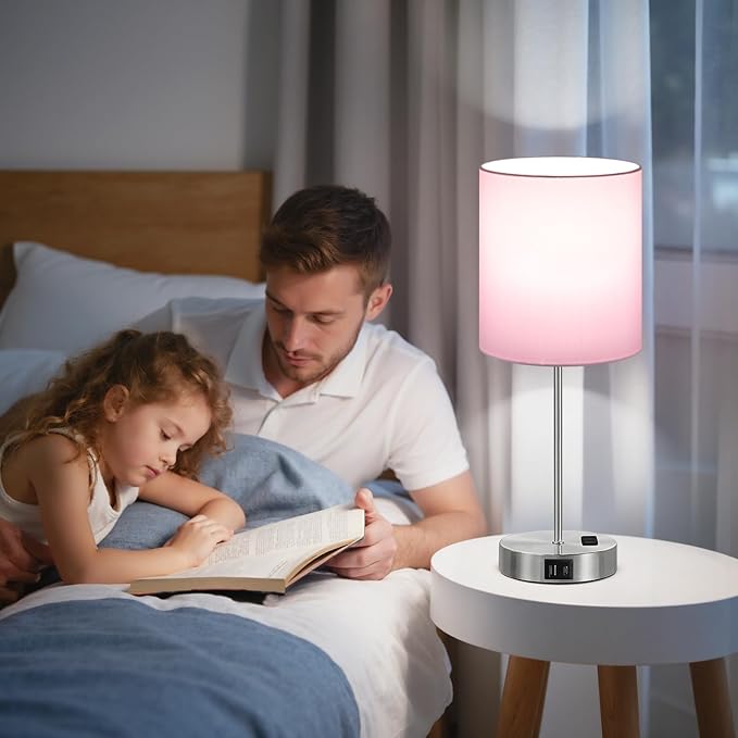 Pink Touch Lamps for Nightstand Set of 2 - Bedside Table Lamp for Bedroom with Dual USB Ports & AC Outlet, 3-Way Dimmable Lamps for Living Room Boys Room, Night Light with 5000K Daylight Bulbs