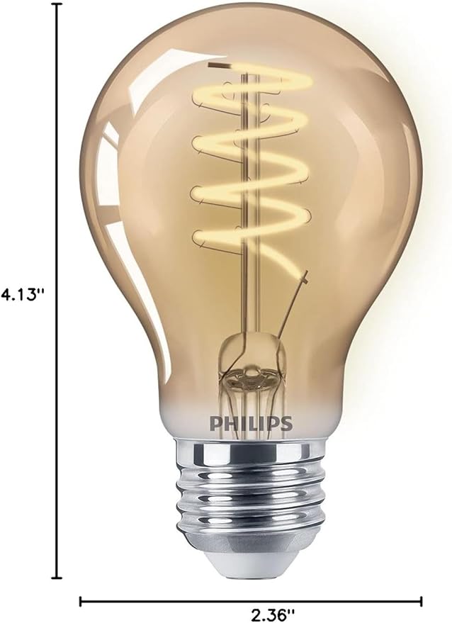 Philips LED Vintage Flicker-Free Amber Spiral A19, Dimmable, Eyecomfort Technology, 400 Lumen, Amber Light(2000K), 6.5W:60W, Title 20 Certified, E26 Base, 2-Pack (565796)