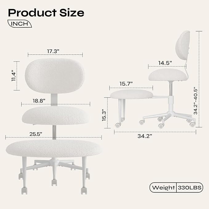 Ergonomic Cross Legged Office Chair with Wheels, Focus-Friendly Chair for Adults, Meditation Chair, Yoga Office Chair, Comfortable Lumbar Support, Height Adjustable, Small Spaces, Teddy Fabric, White