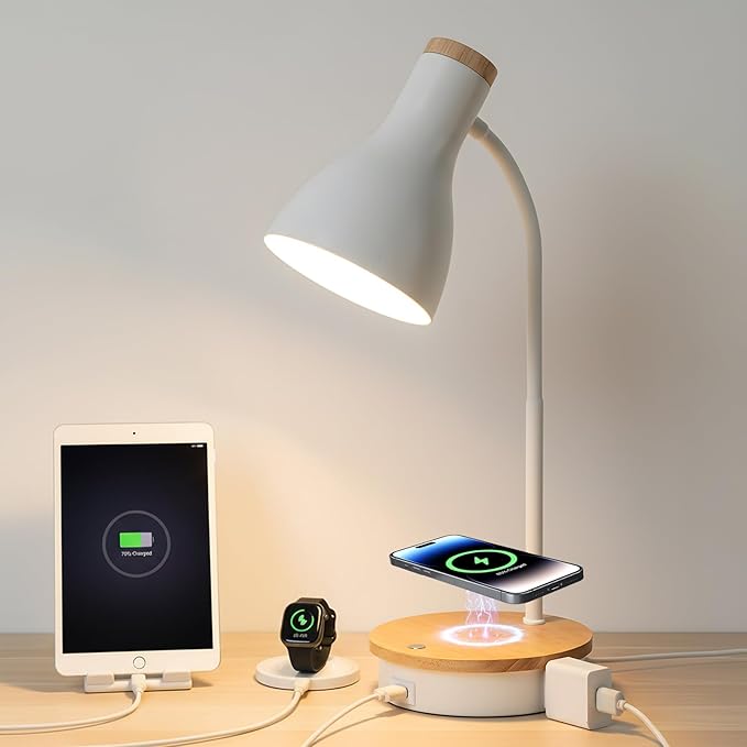 Desk Lamp for Home Office, 10W Wireless Charger Desk Light with USB C+AC Charging Ports,3 Ways Dimming Reading Light, Touch Table Lamp for College Dorm Room (White-Fast Charging (10W))