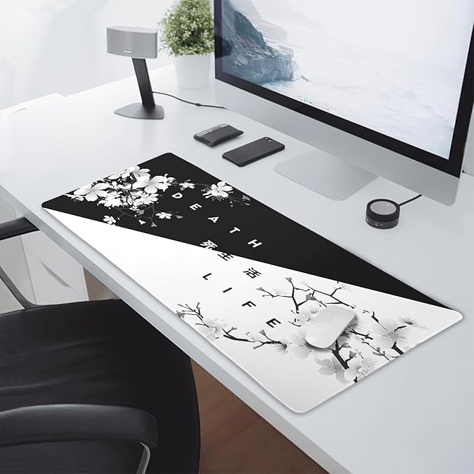 aportt Black White Cherry Blossom Mouse Pad Large Japanese Sakura Death Life Desk Mat 60x35 cm Non-Slip Rubber Base Stitched Edge Large XL Playmat for Gaming Laptop Computer PC Desktop,24x14 Inch