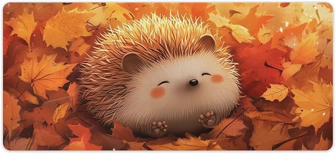 Large Ergonomic Gaming Mouse Pad Cozy Hedgehog in Autumn Leaves - Cute Forest Animal Theme with Non-Slip Base Water-Resistant Surface and Stitched Edges 40x90cm