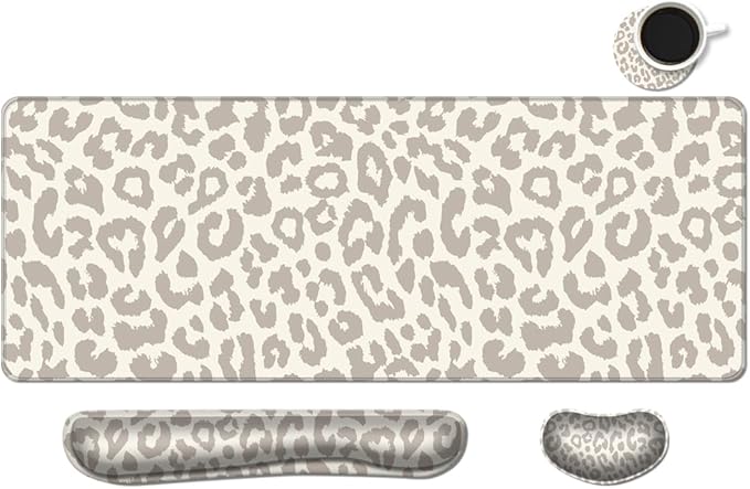 MIBITRI Keyboard Mouse Pad Set, Extended Gaming Mouse Pad+Ergonomics Keyboard Wrist Rest Support, Memory Foam, Easy Typing, 4Pcs XXL Ultra Thick Desk Mat, Leopard Print