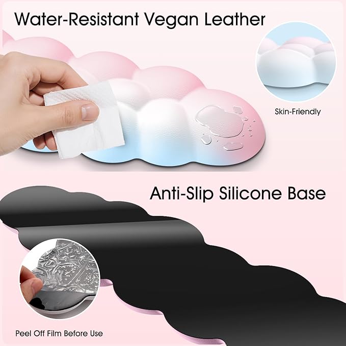 Cloud Wrist Rest for Computer Keyboard, 4-in-1 Memory Foam Leather Cloud Keyboard Wrist Rest and Mouse Pad Set with Ergonomic Support for Arm and Palm Cushion, Gaming/Work Setup, Rainbow