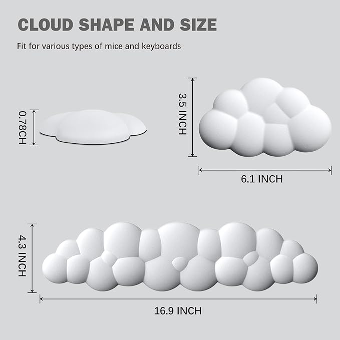 Cloud Keyboard Wrist Rest Pad Set,Enlarge PU Leather Memory Foam Wrist Cushion Support,Easy Typing,Mouse Wrist Rest Pad,Non-Slip Wrist Support for Home, Office,White