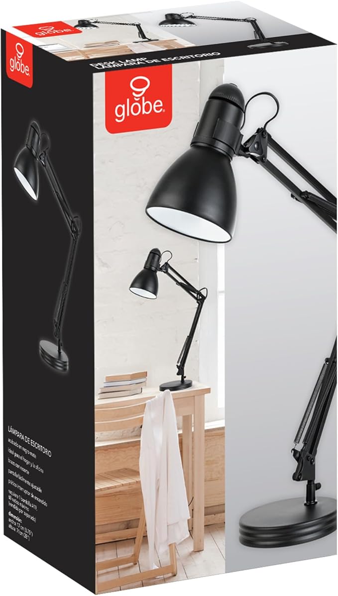 Globe Electric 5698601 28" Heavy Base Top Moving Spring Balanced Swing Arm Desk Lamp, Black, On/Off Rotary Switch on Shade, Office Decor, Reading Light, Home Essentials, Room Lighting