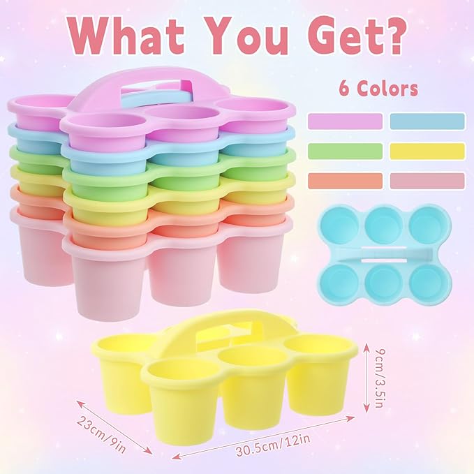 6 Pack Classroom Caddy Organizer with Handle Pastel Plastic Table Caddy Drink Cup Caddies Holder 12x9x3.5 Inches Storage School Supplies 6 Compartments for Table Crayon Pencil Cup Marker Craft