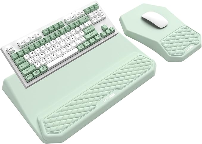 3-in-1 Ergonomic Keyboard Stand with Wrist Rest & Mouse Pad Set, Comfy Keyboard Riser Holder Soft Mousepad with Massage Design, Memory Foam and Non-Slip PU Base for Wrist Support, Light Green