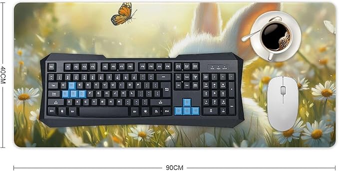 Large Ergonomic Gaming Mouse Pad Baby Bunny in Daisy Field - Sweet Rabbit Theme with Non-Slip Base Water-Resistant Surface and Stitched Edges 40x90cm