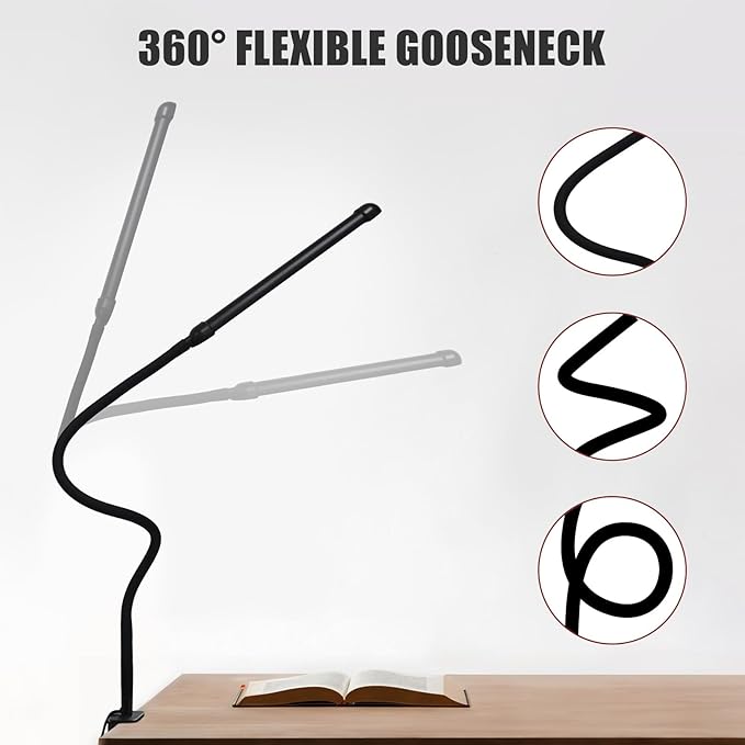 LED Desk Lamp with Clamp, Clamp Light with Adjustable Color Modes, Clip on Light with Long Flexible Gooseneck, Eye Care Lamp Clamp for Study, Work, Home, Office, Black, 12W