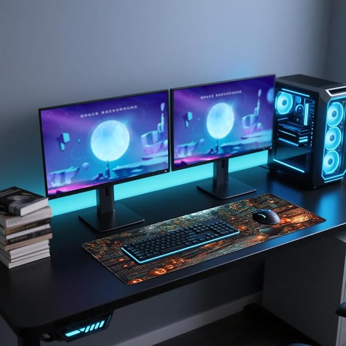 Library Desk Mat Gaming Mouse Pad Pumpkin Bookshelf Halloween Fireplace Mousepads Computer Keyboard Pad Mouse Mat Laptop Mat 31.5 x 11.8 Mouse Pads for Desk Home Office Gaming