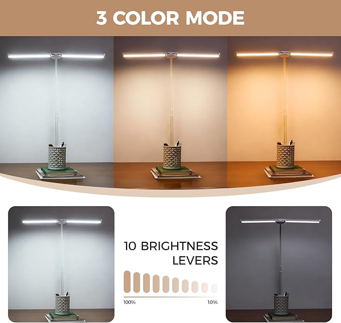 LED Desk Lamp for Home Office, Double Head Architect Light with Clamp, Computer Monitor Clip on Light, 3 Modes and 10 Brightness, Adjustable Flexible Goose-Neck, Table Task Lamp, White