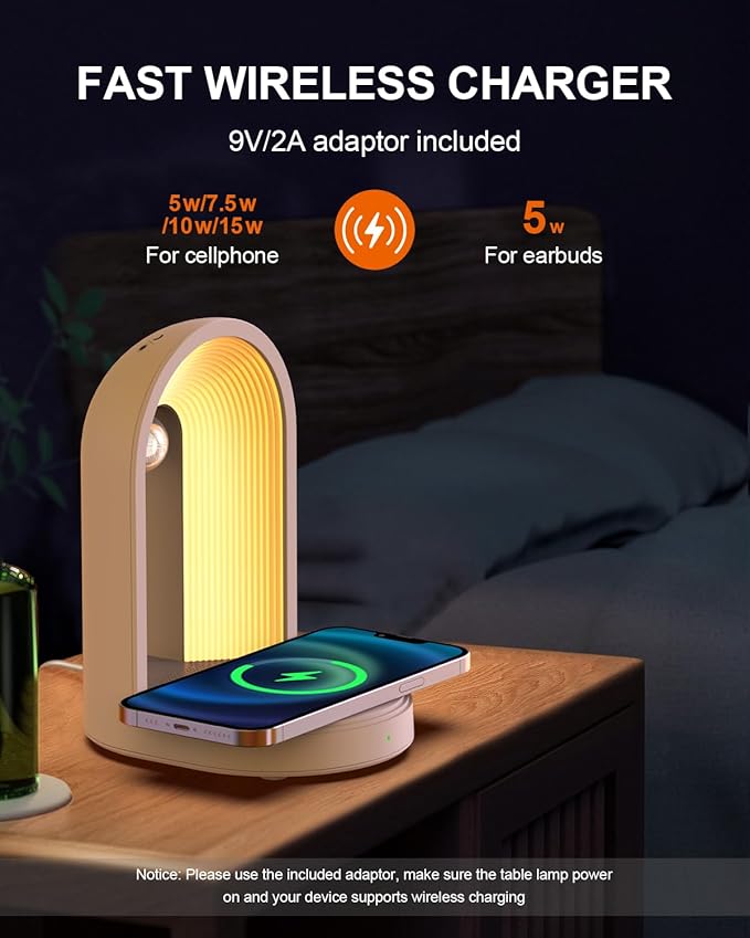 3-in-1 Night Light with Wireless Charger, Music Bedside Lamps with Bluetooth Speaker Phone Wireless Charger Touch Lamps for Nightstand Dimmable Table Lamp for Bedroom Desk Lamp Holiday Gifts