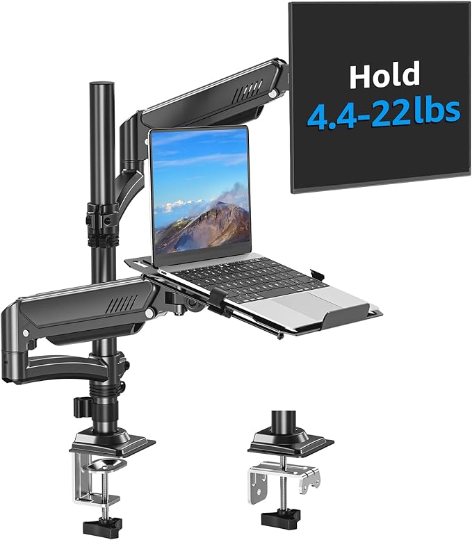 MOUNTUP Laptop and Monitor Desk Mount, Laptop Tray for Max 17" Notebook, Monitors Arm Fits up to 32" Monitor, Laptops Arm Holds 4.4-22lbs, 2-in-1 Tall Laptops Mount with Clamp/Grommet