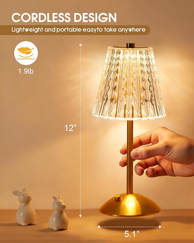 Rechargeable Cordless Table Lamp, Touch Control Crystal Desk Lamp with 3500mAh Battery, 3 Color Dimmable LED Small Lamp for Bedroom Bedside Restaurant Kitchen Home Decor, Gold