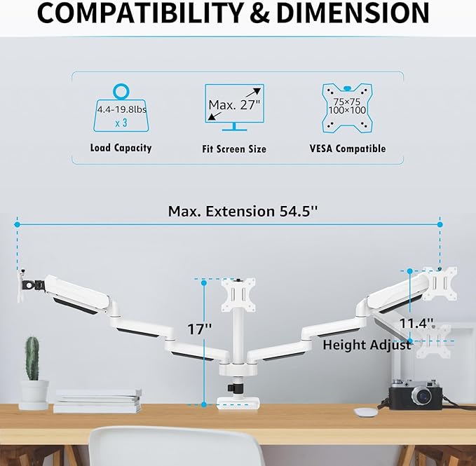 MOUNTUP Triple Monitor Stand Mount - 3 Monitors Desk Mount for Computer Screens Up to 27 inch, Triple Monitor Arm, Heavy Duty Monitors Stand, Each Arm Holds 4.4-19.8 lbs, White