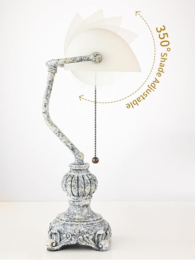 Newrays Retro White Matted Glass Bankers Desk Lamp for Home Office,Library with Pull Chain Switch Plug in Fixture, LED Bulb Included