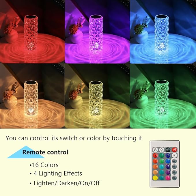 Portable Crystal Table Lamp,16 Color Touch Control Rechargeable Lamp,Crystal Bedside Lamp,Night Light,Room Decor Desk Lamp,Bedroom,Living Room,Kitchen,Dining Room Lamp (16-Color Rose)