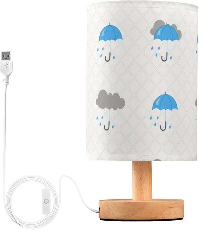 Light Blue Umbrella LED Table Lamp, Bedside Lamp with Linen Lampshade, Flicker-Free Eye Care USB Plug in Nightstand Lamp, for Bedroom and Office