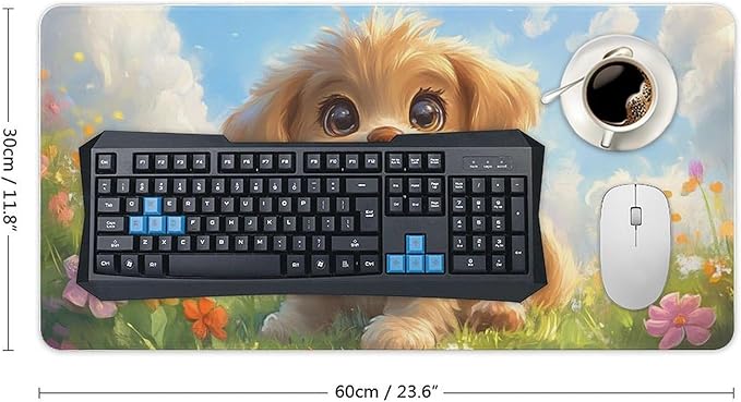 Large Ergonomic Gaming Mouse Pad Happy Puppy in Sunny Field - Lovable Dog Theme with Non-Slip Base Water-Resistant Surface and Stitched Edges 30x60cm