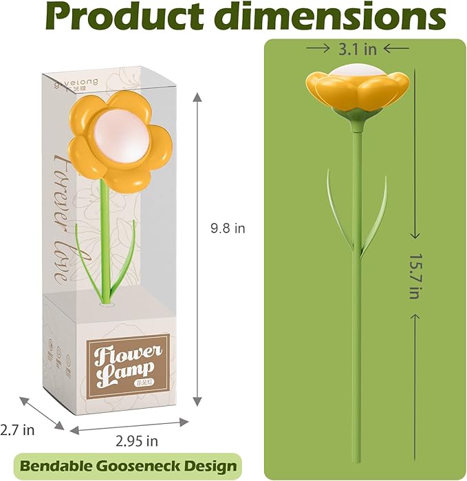 Sunflower Desk Lamp,Rechargeable Neck Reading Light with Adjustable Flexible Gooseneck 3 Color Modes Adjustable Brightness,Cute Desk Lamp for Kids,Great Gift for Kids,Friends(Yellow)