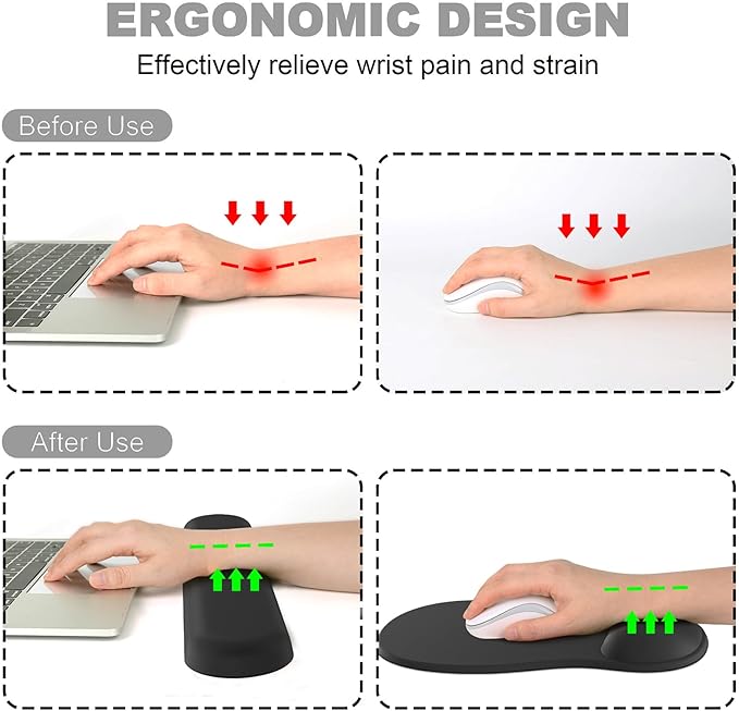 Ergonomic Mouse Pad with Wrist Rest and Keyboard Wrist Rest, Black Mousepad and Wrist Rest for Computer Keyboard, Non-Slip PU Base, Gel Mouse Pad with Wrist Support for Gaming, Office
