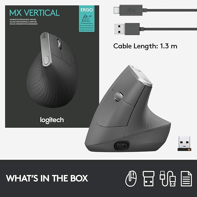 Logitech MX Vertical Wireless Mouse – Ergonomic Design Reduces Muscle Strain, Move Content Between 3 Windows and Apple Computers, Rechargeable, Graphite, Pack of 4