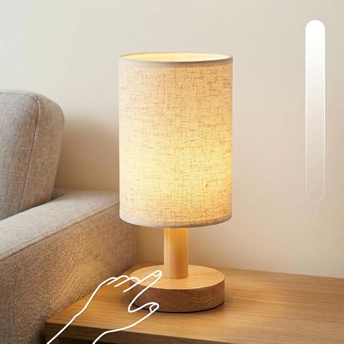 Small Cordless Bedside Table Lamp, Rechargeable 2200mAh Battery Powered Lamp with Touch Control, 2700K Warm Dimmable Lamp Natural Wood Base Linen Shade for Bedroom Dorm Nursery Outdoor Patio Camping