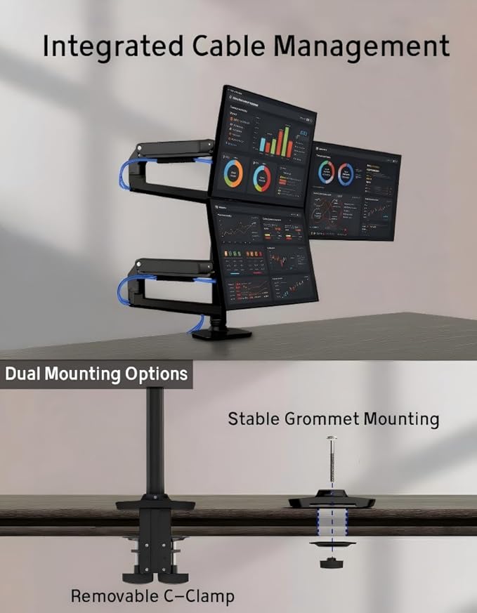 Heavy Duty Triple Monitor Mount, Mechanical Spring 3 Monitor Arm Fits Three 13-40 Inch Screens (25 lbs/Arm), Fully Articulating VESA Desk Stand (C-Clamp/Grommet), Premium Aluminum, Black