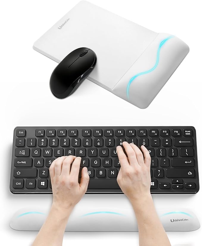 UnivoColors Mini Size Mouse Pad with Wrist Rest & M-Size Keyboard Wrist Rest Set,Premium PU Material,Low-Rebound Cushion,Ergonomic Design,Smooth Mouse Control with Hard Plate,Reduces Fatigue,White