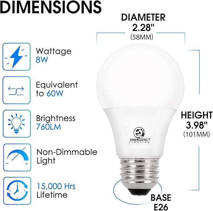 E ENERGETIC LIGHTING 24-Pack A19 LED Light Bulbs 60 Watt Equivalent, Cool White 4000K, E26 Medium Base, Non-Dimmable LED Light Bulb, ETL Listed
