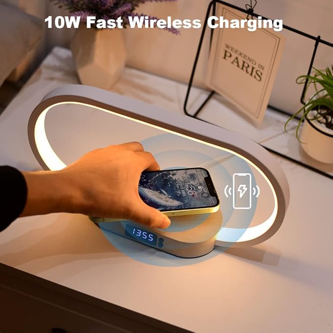 Donewin Bedside Lamp with Wireless Charger,Wooden Table Lamp with Charging Station,Touch Nightstand Lamp with Clock,3 Color Stepless Dimming Touch Lamp for Bedroom,Unique Gifts for Women