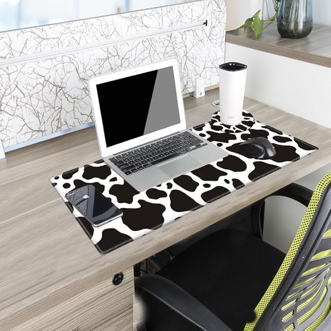 Cow Print Mouse Pad 24x12 Inch Mousepad Black and White Desk Pad Large Gaming Desk Mat Long Protector Mat Big Non Slip Laptop Mat for Wireless Mouse Work Computer