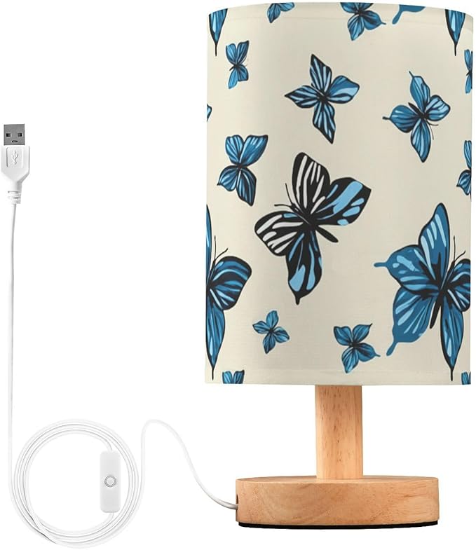 Blue Butterfly LED Table Lamp, Bedside Lamp with Linen Lampshade, Flicker-Free Eye Care USB Plug in Nightstand Lamp, for Bedroom and Office