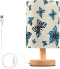 Blue Butterfly LED Table Lamp, Bedside Lamp with Linen Lampshade, Flicker-Free Eye Care USB Plug in Nightstand Lamp, for Bedroom and Office