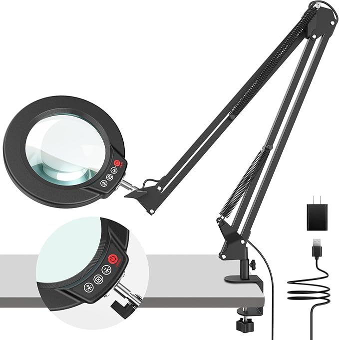 10X Magnifying Glass with Light and Clamp, Real Glass Stand Lighted Magnifier, 5 Color Modes Stepless Dimmable LED Desk Lamp Hands Free for Crafts Hobby Reading Painting Sewing Close Work Large Black