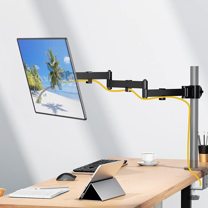 WALI Single Monitor Arm, Universal 3 Tier Arm Fully Adjustable Pole Mount Bracket for WALI Monitor Mounting System (001ARMXL), Black