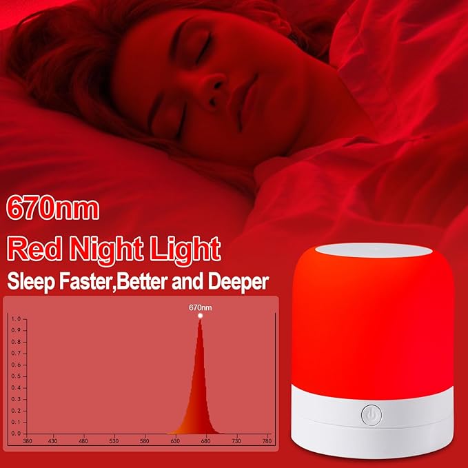 670nm Red Light Night Light Lamp for Sleep - Zero Blue Light, Touch & Remote Control, 4 Color Modes Rechargeable Dimmable Portable Hangable Lamp with Timer for Bedroom Nursery Camping