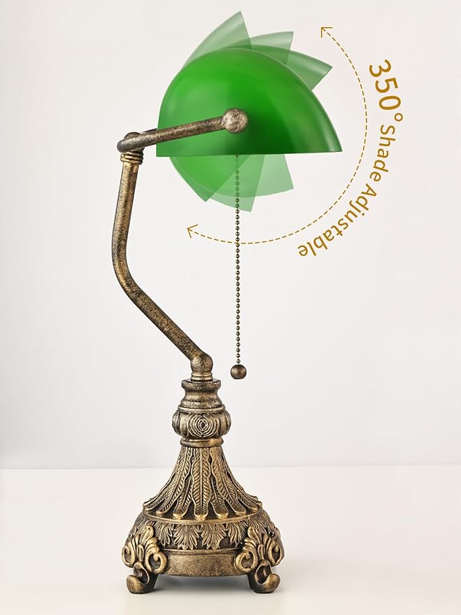 Newrays Vintage Green Glass Bankers Desk Lamp for Home Office,Library with Pull Chain Switch Plug in Fixture, LED Bulb Included
