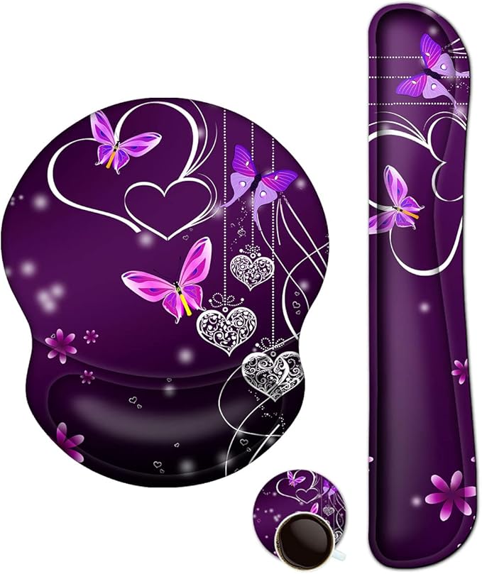 ArtSo Upgraded Wrist Rest Support for Mouse Pad & Keyboard, Ergonomic Gel Mousepad Non-Slip Rubber Base Home, Office Wrist Support, Easy Typing Cushion Neoprene, Soft Memory Foam, Purple Heart Butterfly
