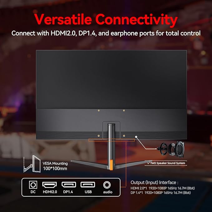 24 Inch Gaming Monitor, FHD 1080P 165Hz Monitor, IPS Display, Free-sync Compatible, 99% SRGB Color Gamut VESA 100 * 100mm Eye Care, Ultra-Slim Frame, Black