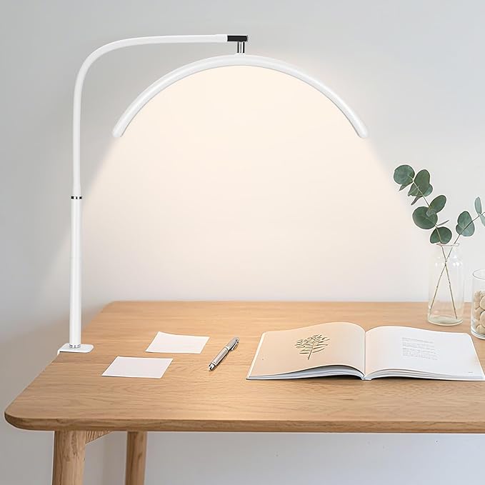 Professional Half Moon LED Desk Light for Nail Techs & Artists – Flexible Gooseneck Lamp with Clamp, 3 Color Modes & 5 Brightness Levels for Manicure, Tattoo, Beauty Work