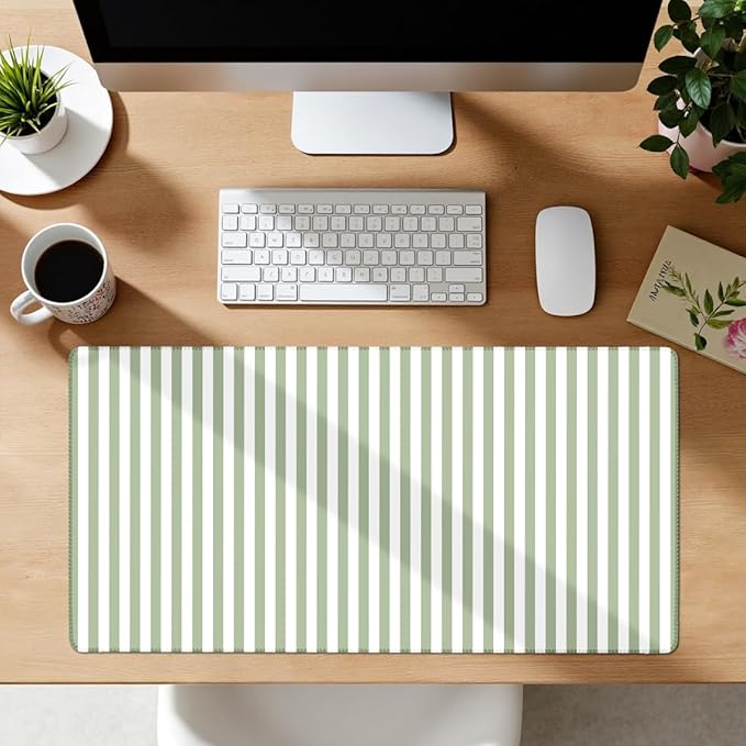 Sage Green Striped Desk Mat Cute Pastel XXL Large Gaming Mouse Pad Desk Pad Kawaii Aesthetic Home Office Decor Cozy Keyboard Laptop Computer Mat