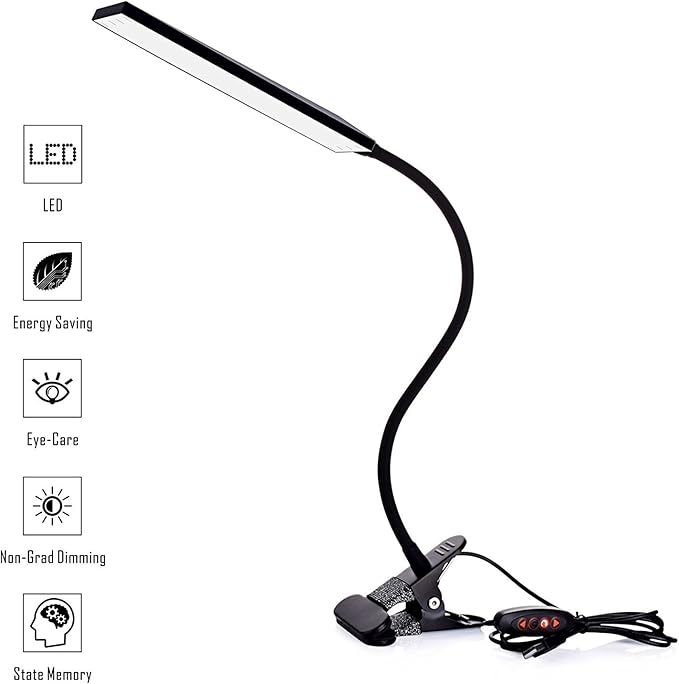 LED Desk Lamp - Dimmable Eye-Care Reading Light with Adjustable 3 Color Modes, 14 Brightness Levels, Flexible Gooseneck Clip-on Light for Studying, 5W-Black
