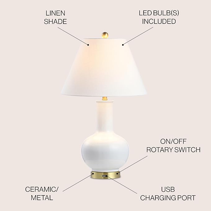 JONATHAN Y 27" White Ceramic and Brass Gold Gourd LED Table Lamp with USB Charging Port, Contemporary Bedside Lamp for Bedroom Living Room, Linen Shade, LED Bulb Included JYL6600A
