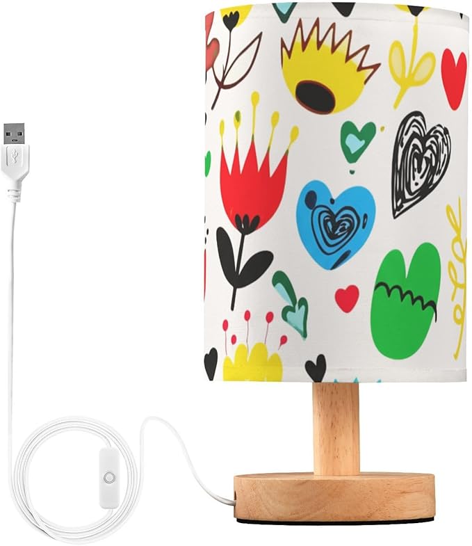 Colorful Floral LED Table Lamp, Bedside Lamp with Linen Lampshade, Flicker-Free Eye Care USB Plug in Nightstand Lamp, for Bedroom and Office