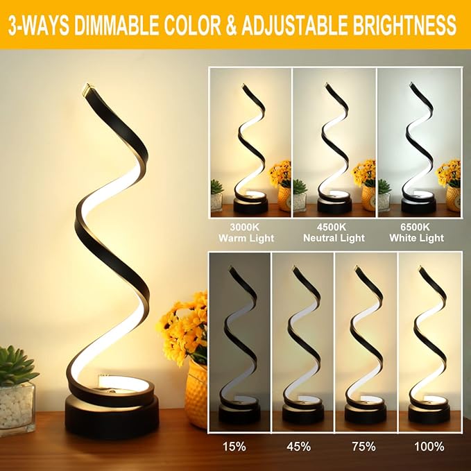 Modern Spiral Table Lamp, Dimmable Table Lamps for Bedroom, 12W LED Desk Lamps for Living Room, 3 Colors 10 Brightness Bedside Lamps Nightstand Lamp Desk Light for Nightstand, Office - Black