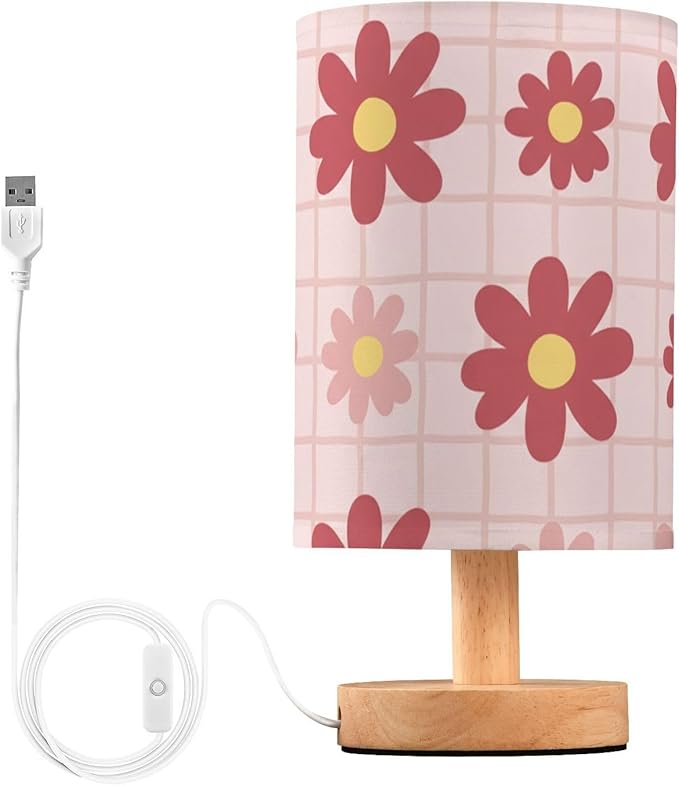Pink Floral LED Table Lamp, Bedside Lamp with Linen Lampshade, Flicker-Free Eye Care USB Plug in Nightstand Lamp, for Bedroom and Office
